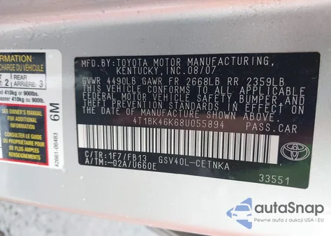 2008 Toyota Camry Le V6 z USA, uszkodzony, nr VIN 4T1BK46K68U055894